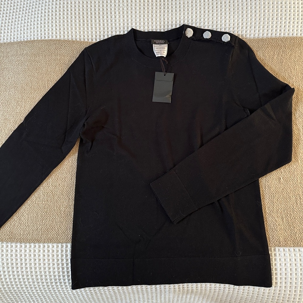 NEW 100% Authentic CHANEL Uniform Black Crewneck Sweater with Button Accents